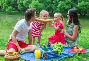 Happy family picnicking in the park and have fun photo