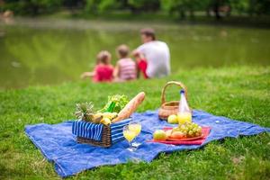 cesta de picnic con frutas, pan y botella de vino blanco. foto