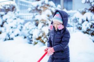Little adorable girl in snow sunny winter day photo