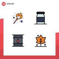 4 Universal Filledline Flat Colors Set for Web and Mobile Applications fire delivery stick can leaf Editable Vector Design Elements