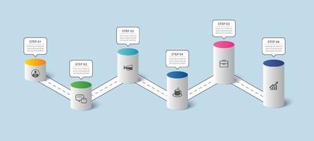 Infographics cylinder timeline to success business with 6 number data template. Vector illustration abstract background.