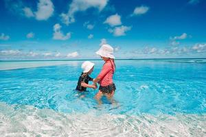 Adorable little girls playing in outdoor swimming pool photo