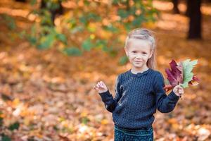 Portrait of adorable little girl with yellow leaves bouquet in fall photo