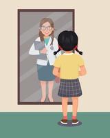 cute little girl dreaming about becoming a nurse when she grown up in front of mirror vector