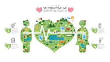 Plantilla infográfica de la línea de tiempo del mapa de carreteras de San Valentín. amor, corazón, diagrama de línea de tiempo de elementos, se puede utilizar para infografías vectoriales, presentaciones de datos de marketing digital. vector