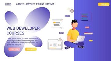 Man working with laptop on the website development. Website developer, Web agency, programmer and coder concept. Vector illustration for banner, presentation, advertising, poster.