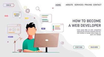 Man working with laptop on the website development. Website developer, Web agency, programmer and coder concept. Vector illustration for banner, presentation, advertising, poster.