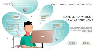 Website template with young boy working from home. Freelance, work from home, online job and home office concept. Flat style vector illustration for creating posters, banners and websites.