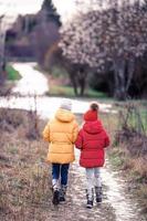 Adorable little girls outdoors in the forest photo