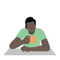 retrato de un hombre negro con una taza en las manos en la mesa, vector plano, aislado en blanco, ilustración sin rostro, pausa para el té