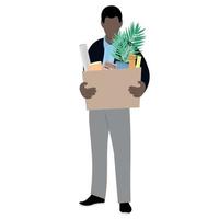 retrato de un hombre negro en pleno crecimiento con una gran caja en las manos, una caja con pertenencias personales, vector plano, aislado en blanco, ilustración sin rostro, despido del trabajo, minimalismo