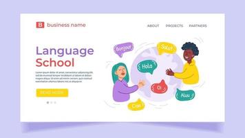 concepto de escuela de idiomas en línea para página de inicio o plantilla de sitio web. aprender idiomas en línea, aprender un idioma extranjero en casa. vector