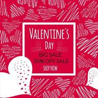 Valentines Day Sale. Banner or poster with many pink hearts and square frame. Can be add text. Hand drawn vector illustration, EPS10.