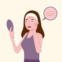 Young woman hand mirror worrying about her wrinkle on face in flat design. Wrinkle aging problem on female skin. vector