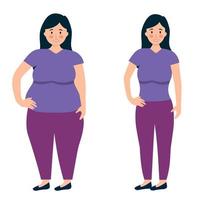 mujer gorda y cuerpo delgado después de la pérdida de peso en diseño plano sobre fondo blanco.