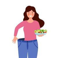 Young woman after weight loss trying her old jeans in flat design on white background. Slim good shape female after dieting and exercise. vector