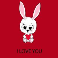 Postcard for Valentine's Day.Cute bunny with red heart. Design for greeting cards, love banner, decor vector