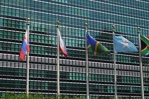 flags outside united nations building in new york, 2022 photo