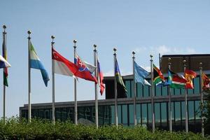 flags outside united nations building in new york, 2022 photo