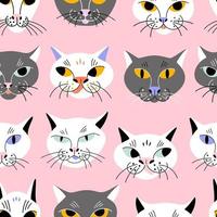 Funny cat faces with different emotions on a pink background. Vector seamless pattern with animal heads for fabric or wrapping paper.