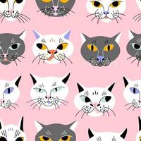 Funny cat faces with different emotions on a pink background. Vector seamless pattern with animal heads for fabric or wrapping paper.