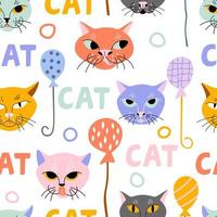 Funny hand drawn cat faces on white background with abstract decor. Vector seamless pattern with colorful modern animals.