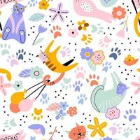 Playful cute cats with flowers and abstract decor hand drawn. Seamless vector pattern for fabric or wallpaper.