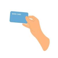 mano sostiene tarjeta de crédito, tarjeta bancaria. pago, transacción o compra. aislado sobre fondo blanco, proceso de compra de tarjeta bancaria. vector