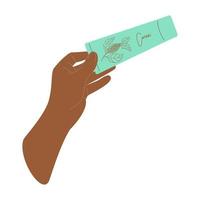 Hand dark skin holds Cream product tube cosmetic. vector