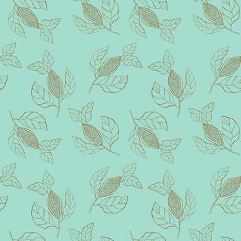 rama de garabato de cacao en grano con patrón de granos y hojas azul transparente con marrón. vector