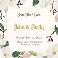watercolor white magnolia bouquet with golden luxury square frame wedding invitation card template vector