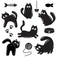 A set of silhouettes of cute cat characters, isolated vector illustration