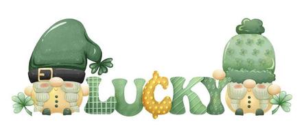 Lucky Word with Gnomes in Saint Patrick's Day Theme Watercolor Clipart Graphics 01 vector