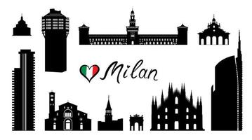 conjunto de viaje de lugar famoso de la ciudad de milán. italia, siluetas arquitectónicas turísticas históricas. edificios históricos y modernos rascacielos. diseño de paisaje urbano turístico italiano. vector