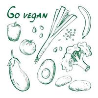 Go vegan. Hand drawn doodle. Set with vegetables and fruits. Drawn broccoli, eggplant, apple, banana, tomato, nuts, avocado, onion, potato. Vegetarian poster. For your design. Vector