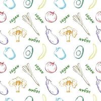 Cute seamless repeat pattern with vegetables, fruits and the word vegan on a white background. Hand drawn vegetables, fruits and lettering in pattern for textile, wrapping paper and packaging design vector