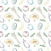 Cute seamless repeat pattern with vegetables, fruits and the word vegan on a white background. Hand drawn vegetables, fruits and lettering in pattern for textile, wrapping paper and packaging design vector