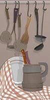 bodegón de cocina de una taza de madera y utensilios de cocina. vector. vector