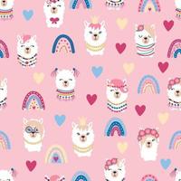 Seamless pattern with llama, alpaca faces. Cute drawings of llama head with hearts, inscription, mountains, cacti, star, dreamcatcher vector