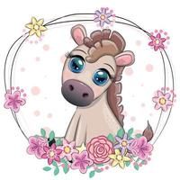 Cute donkey in flowers, with balloons, spring theme. Postcard for the holiday. vector