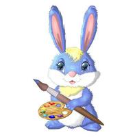 Cartoon rabbit, hare artist with brush, paints, easel. Cute child character, symbol of 2023 new chinese year vector