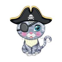 gato pirata, personaje de dibujos animados del juego, gato animal salvaje con un pañuelo y un sombrero de tres picos con una calavera, con un parche en el ojo. vector