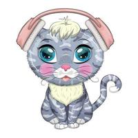 Cartoon cat music lover in headphones listens to music, concert. Cute child character, symbol of 2023 new chinese vector