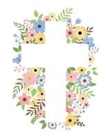 Christian floral cross. Colorful spring flowers. Easter holiday background. Baptism Invitations, First Communion, and Easter vector template card.