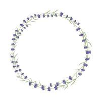 Lavender round wreath. Wedding invitation card. Circle frame with lavender flowers. Isolated on white background. Vector illustration.
