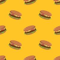Colorful Burger seamless pattern on yellow background. Hamburger seamless pattern for wrapping, texture and print. Background for cafe and fastfood vector