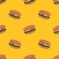 Colorful Burger seamless pattern on yellow background. Hamburger seamless pattern for wrapping, texture and print. Background for cafe and fastfood vector