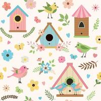 Cartoon hand drawn seamless pattern with birds, bird houses, flowers, leaves. Design for wallpapers, invitations, greeting cards, and posters. vector