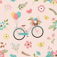 Cute romantic pattern with bicycles, flowers, and leaves on pink background. Cute spring design. vector