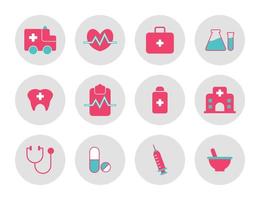 iconos de conjunto médico, ilustración vectorial de diseño plano. cuidado de la salud vector